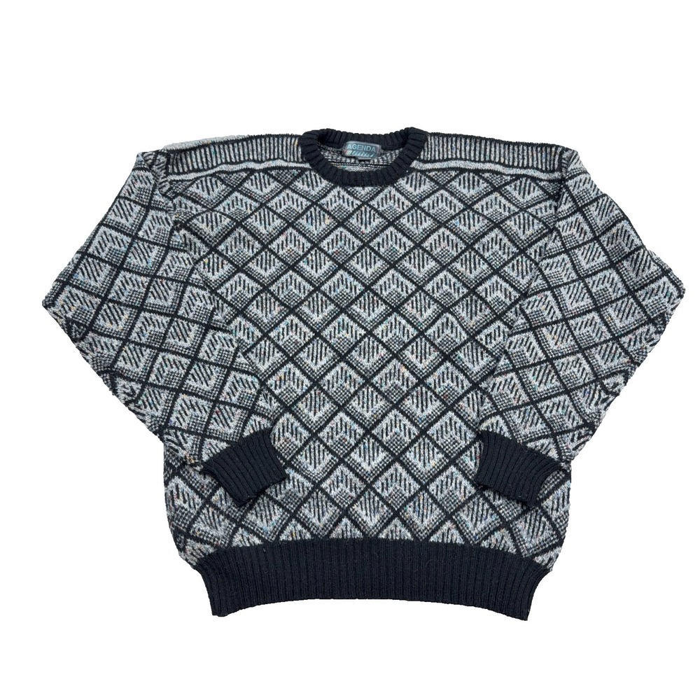 Vintage Grandpa Sweater Men XLT Black Geometric Wool Knit Crewneck 90s Cosby